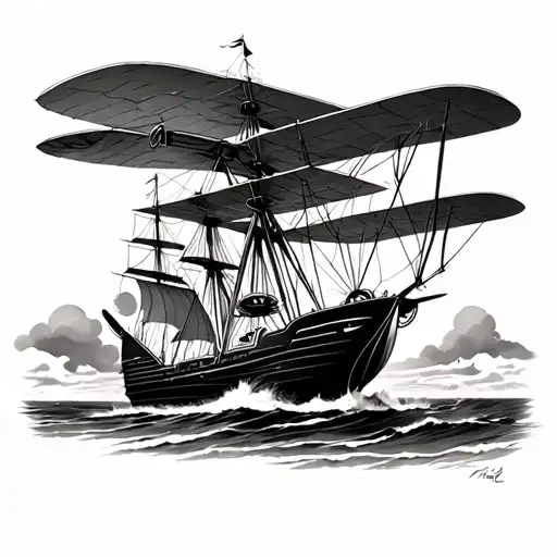Biplane And Ship Together