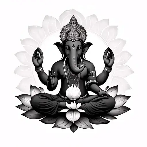 Mandala Ganesha Sitting In Lotus Flower Blooming Flowers