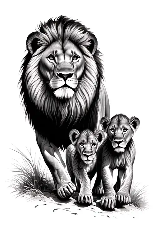 Dad Lion With 2 Cubs Following