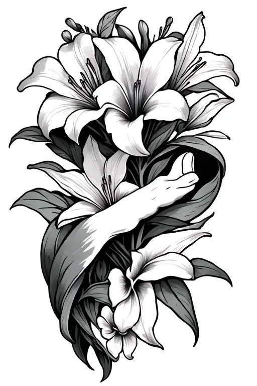 Lilly Flowers And Veins Wrapping Around Forearm And Ending On Hand Going Towards Thumb