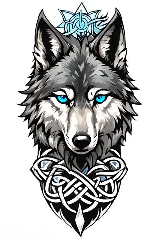 Wolf With Blue Eyes On Armor Tattoo Design Featuring Celtic Trinity Knot