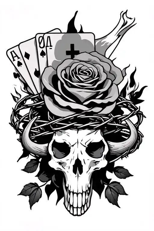 Longhorn Skull Wrapped In Barbed Wire With A Deck Of Card Rose Set On Fire With A Cross