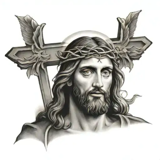 Jesus With Angels Behind Him And A Cross