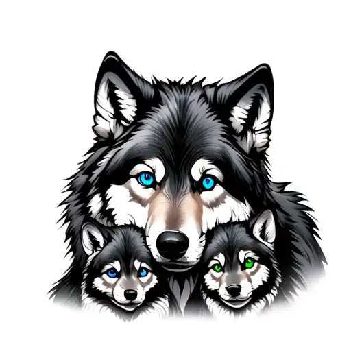 Parent Wolf With Blue Eyes With 2 Cubs With Blue And Green Eyes