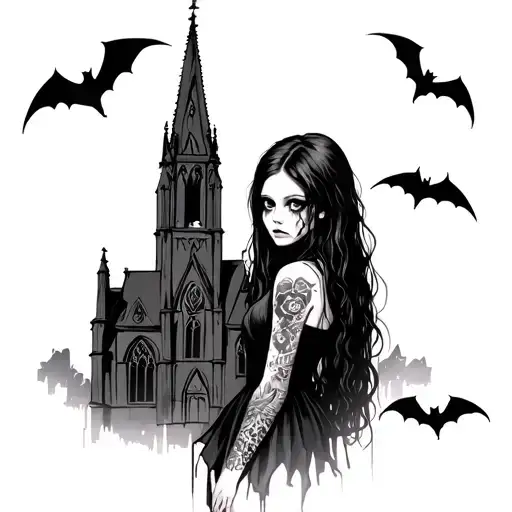 Goth Girl With Gothic Cathedral And Bats