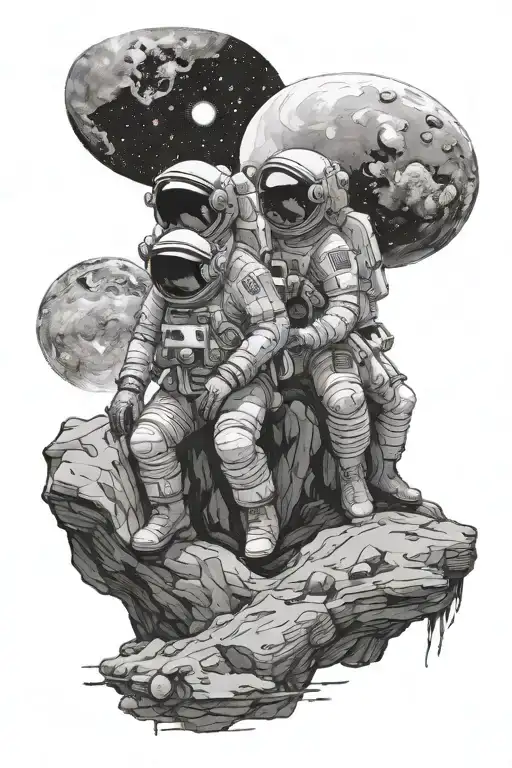 Two Astronauts Are Sitting On Some Planet And Looking At The World Together With A Cosmic Backdrop