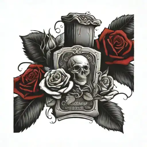 Gravestone With Red Roses Wrapped Around It With The Leaves As Death Dates Of Loved Ones