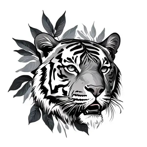 Tiger Head Jungle Leaves