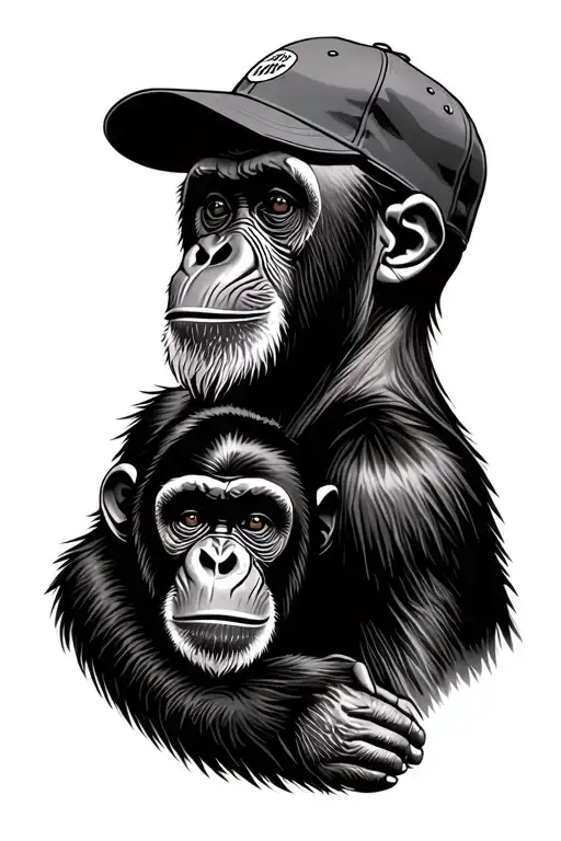 Gibbon And Chimp Wearing Baseball Caps