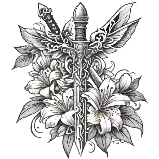 Sword With Lilly Flowers And Butterflies