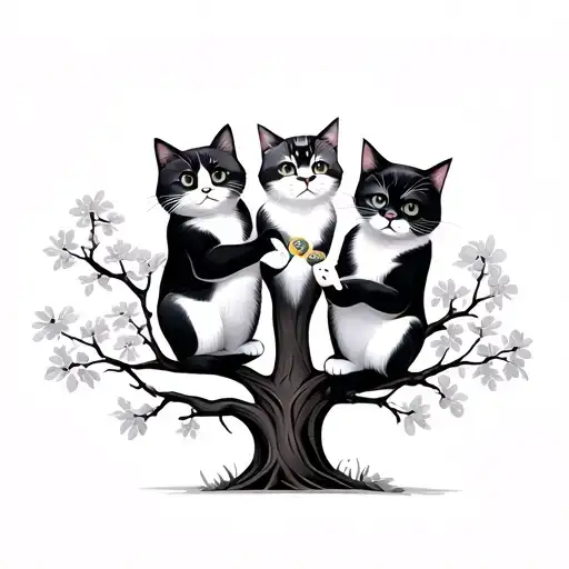 3 Cats On A Japanese Tree One Cat Holding A Piece Of Candy