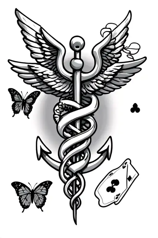 Caduceus And Anchor And Butterfly And 3 Cards