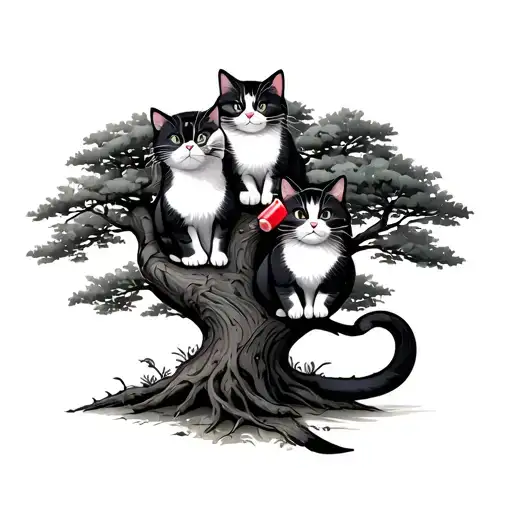 3 Cats On A Japanese Tree One Cat Holding A Piece Of Candy