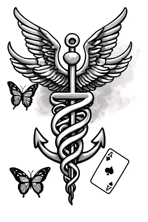 Caduceus And Butterfly And 3 Cards And Anchor Surrounded