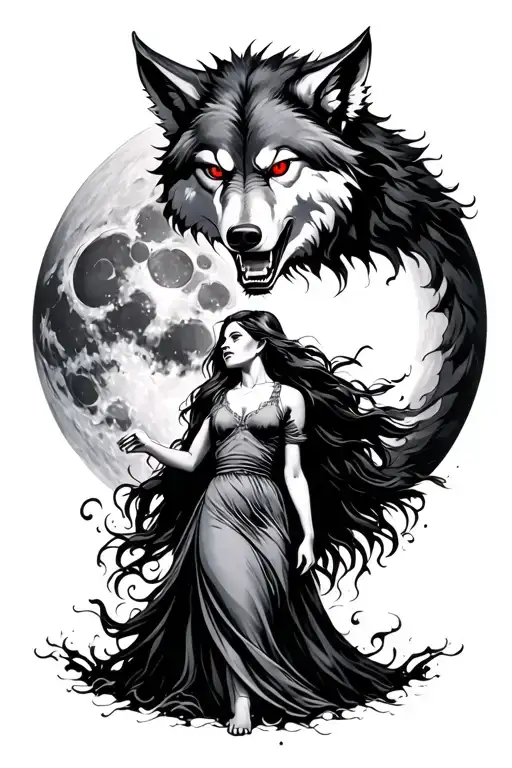 An Angry Wolf With Red Eyes Chasing A Woman Who Symbolises Moon