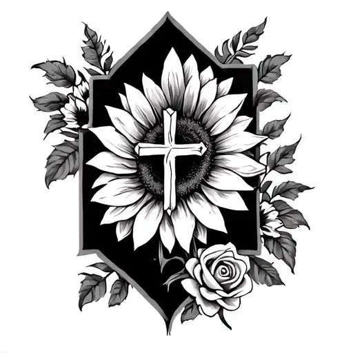 Simple Cross Surrounded By Sunflowers And Roses