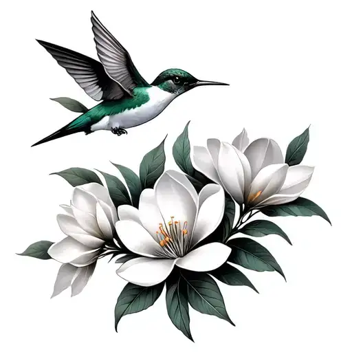 Humming Birds Flying With Magnolia Blossom Flowers