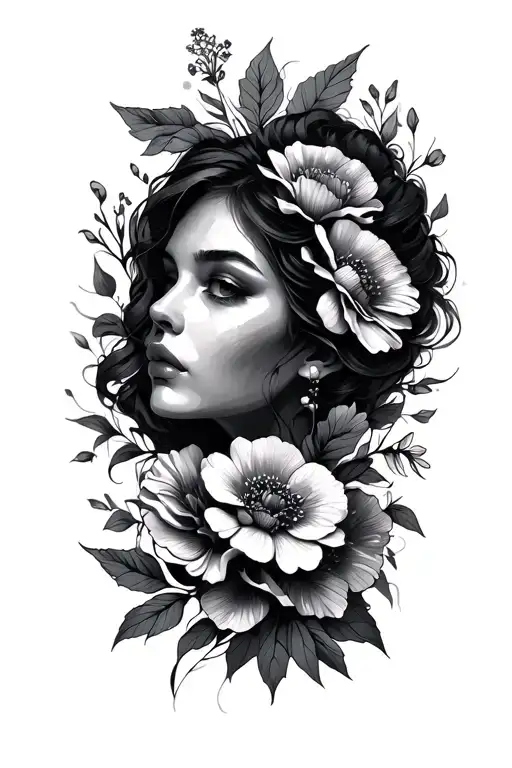 Fine Line Women's Face With Flowers Blooming