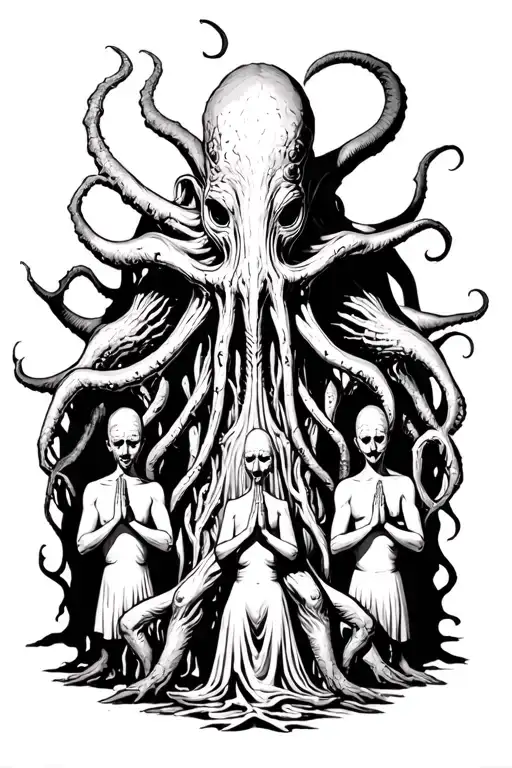 Cthulu With Faceless People Praying Around Him And Yog'shoggoth In The Background