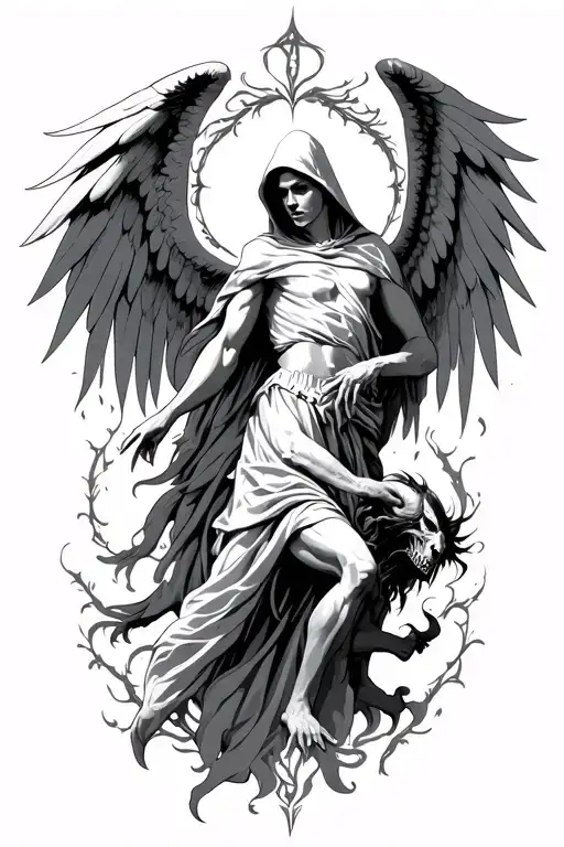 Hooded Arch Angel Defeating A Demon