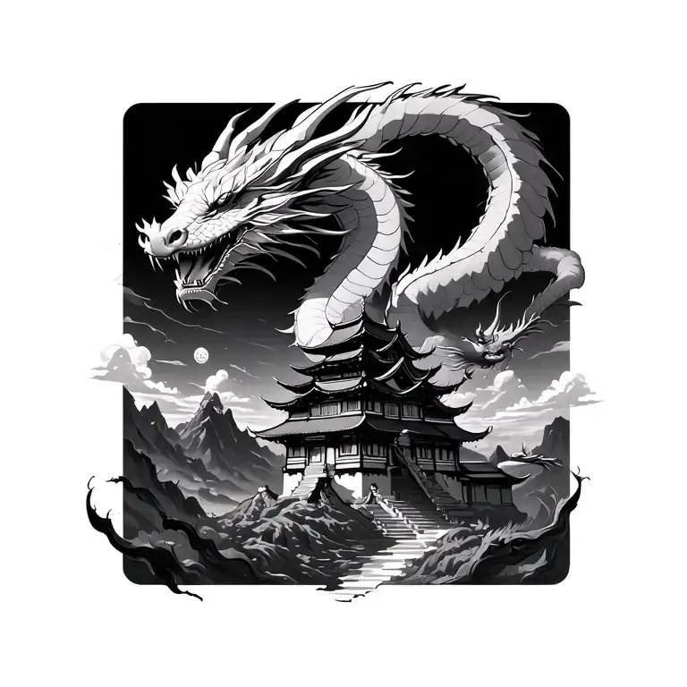 Temple And Dragon Flying