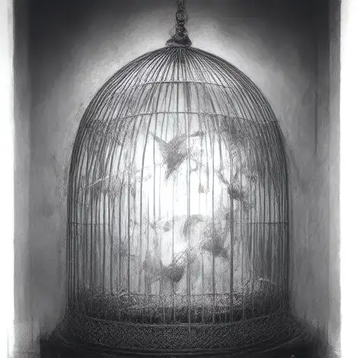 Bird Cage With Open Door And Three Birds Flying