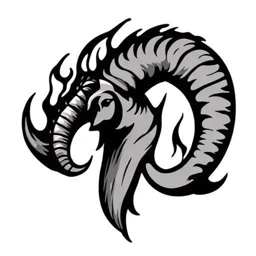 Aries Sign Ram Horn Outline With Fire Flame