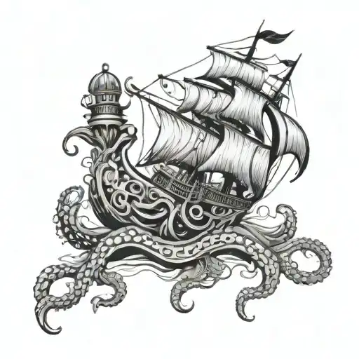 A Kraken Holding A Bottle Of Kraken Rum With A Pirate Ship Sailing Towards It Loaded With Coke