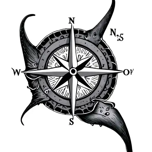 Compass Rose With Manta Ray As The Needle Intertwined