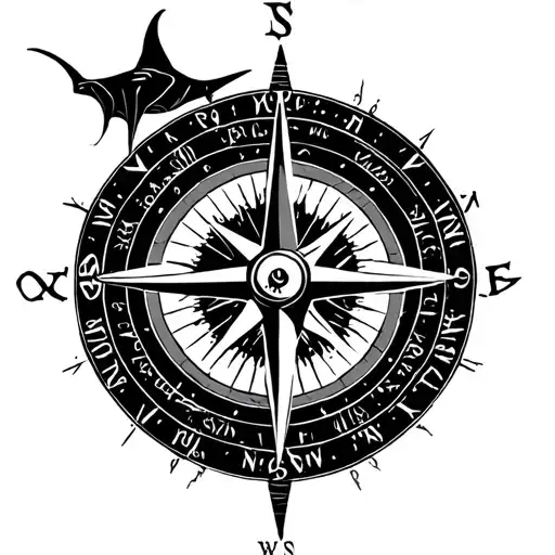 Compass Rose With Manta Ray As The Needle Of The Compass Pointing Towards A Sun Outside The Dial