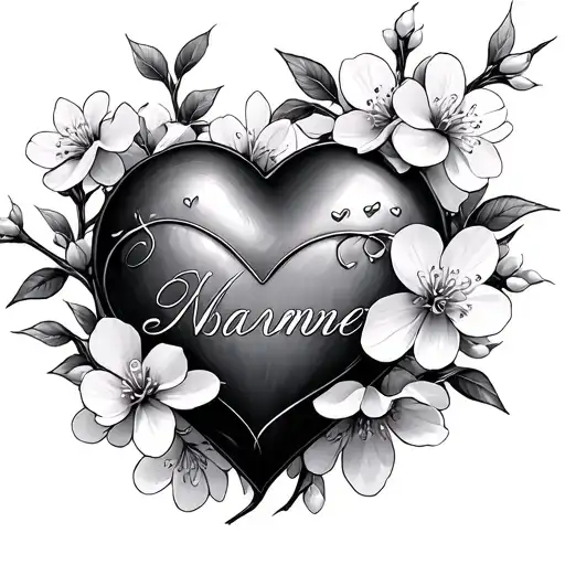 Realistic Heart Around Cherry Blossom Flowers With A Name