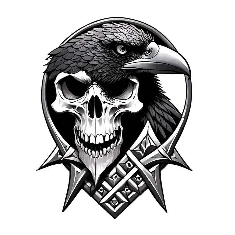 Valknut Symbol With Raven Skull