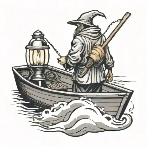 Rear View Ferryman Charon Neo Traditional Style Standing In A Boat With A Lantern