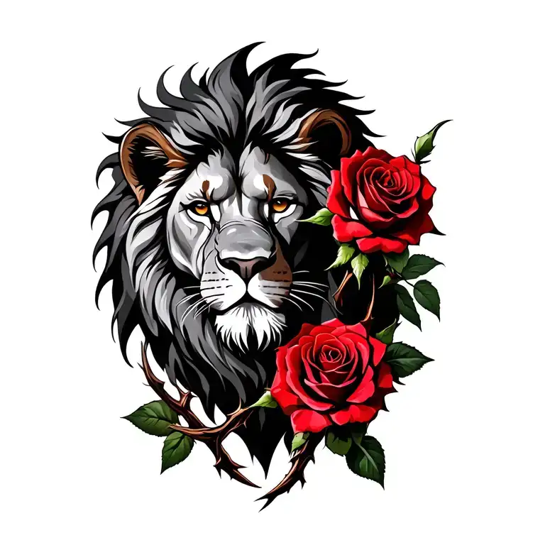 Lion And Two Red Roses With Thorns Wrapped