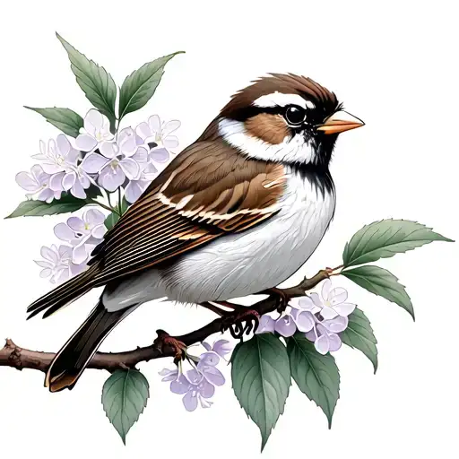 Sparrow Perched On Lilac Branch