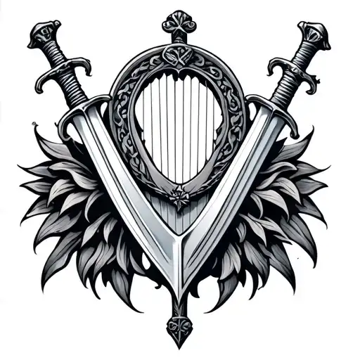 Irish Harp And Roman Gladius Sword Intertwined