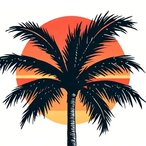 Palm Tree With Retro Sunset In The Background