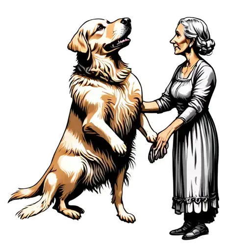 Golden Retriver On Hind Legs Holding Hands With Old Lady Outline