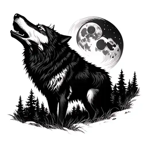 Wolf Howling At The Moon Surrounded In A Forest Landscape
