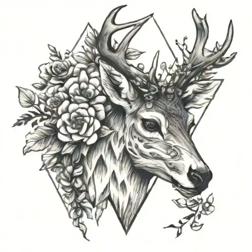 Minimalist Deer Triangle Melted With Flowers