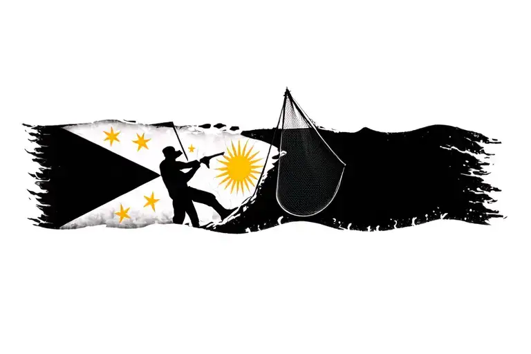 Filipino Flag Behind Filipino Fisherman Casting Net