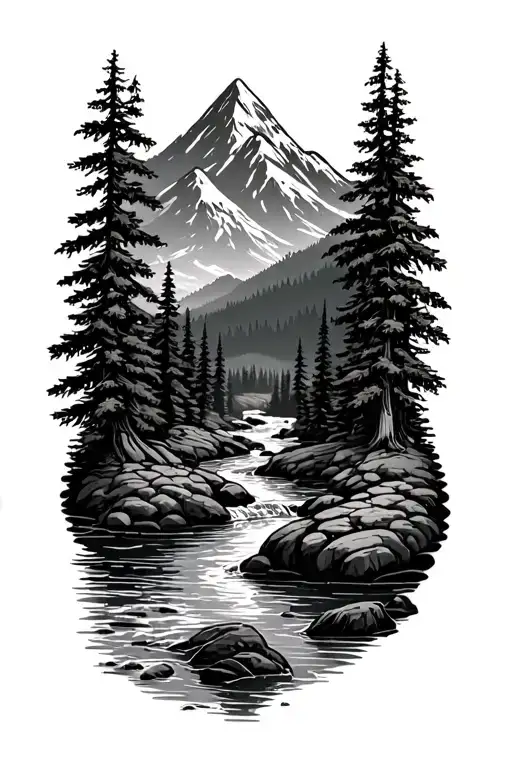 Forest With River Flowing And Mountain In Background