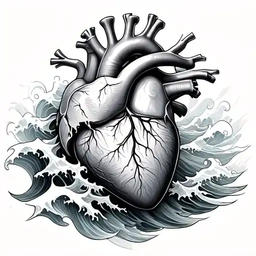 I Want A Semi-realistic Human Heart With Ocean Waves Coming Out Of The Arteries