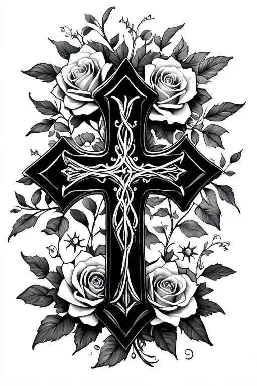 Detailed Cross With Small Rosses And Flowers Intertwined