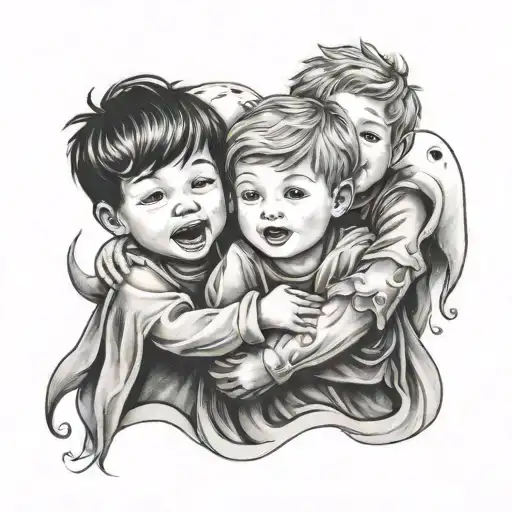 Little Boy Hugging Two Ghosts