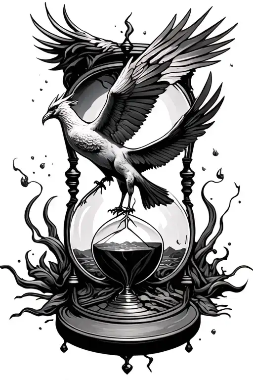 Broken Hour Glass With Pheonix Coming Out Of It