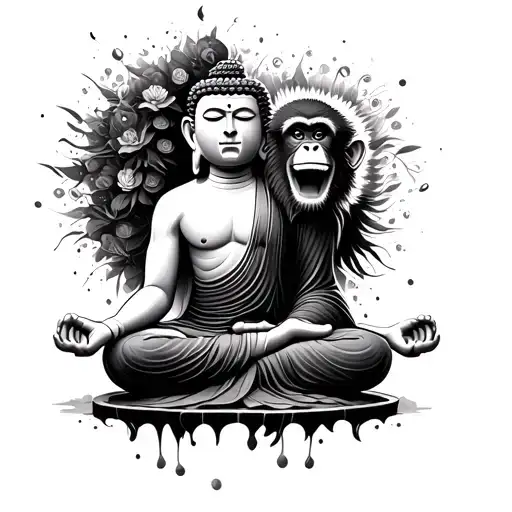 Buddha Meditating With A Monkey Going Crazy Inside His Head