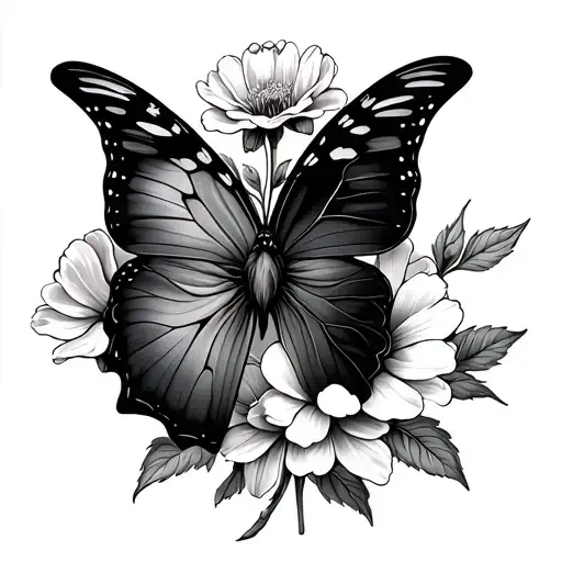Half Butterfly And Half Carnation Flower And Anemones Flower Fine Line