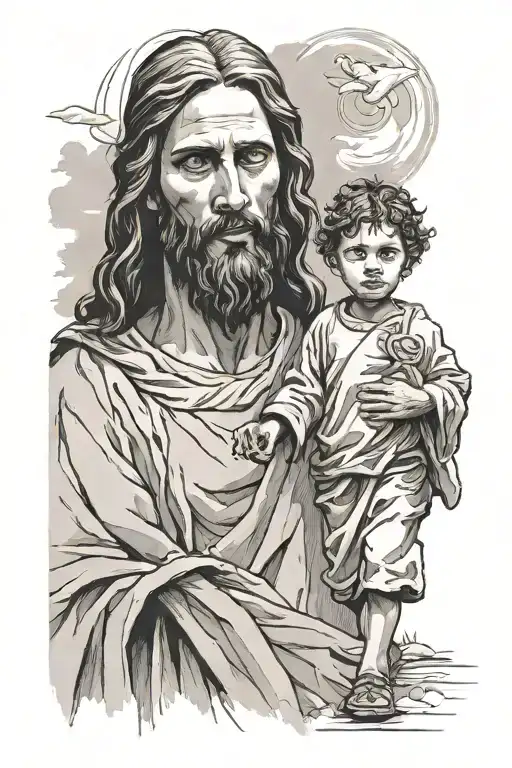 Jesus Walking With Kid Looking