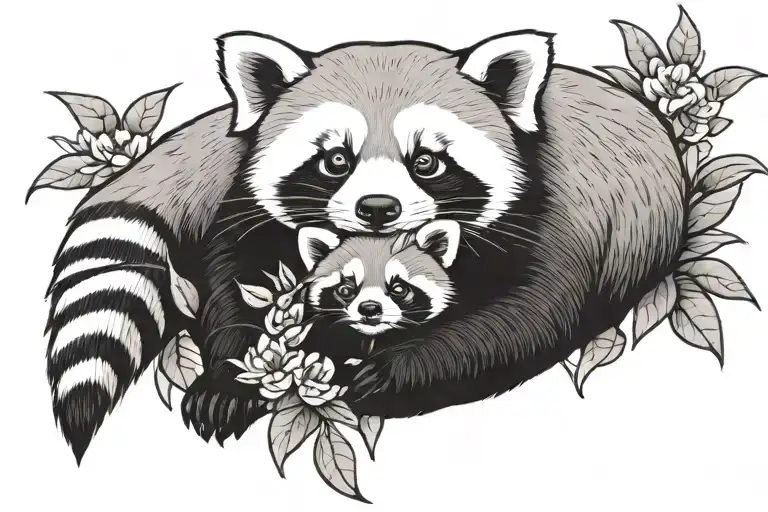 Cartoonized Mother Red Panda With Three Baby Panda Flower Bed
